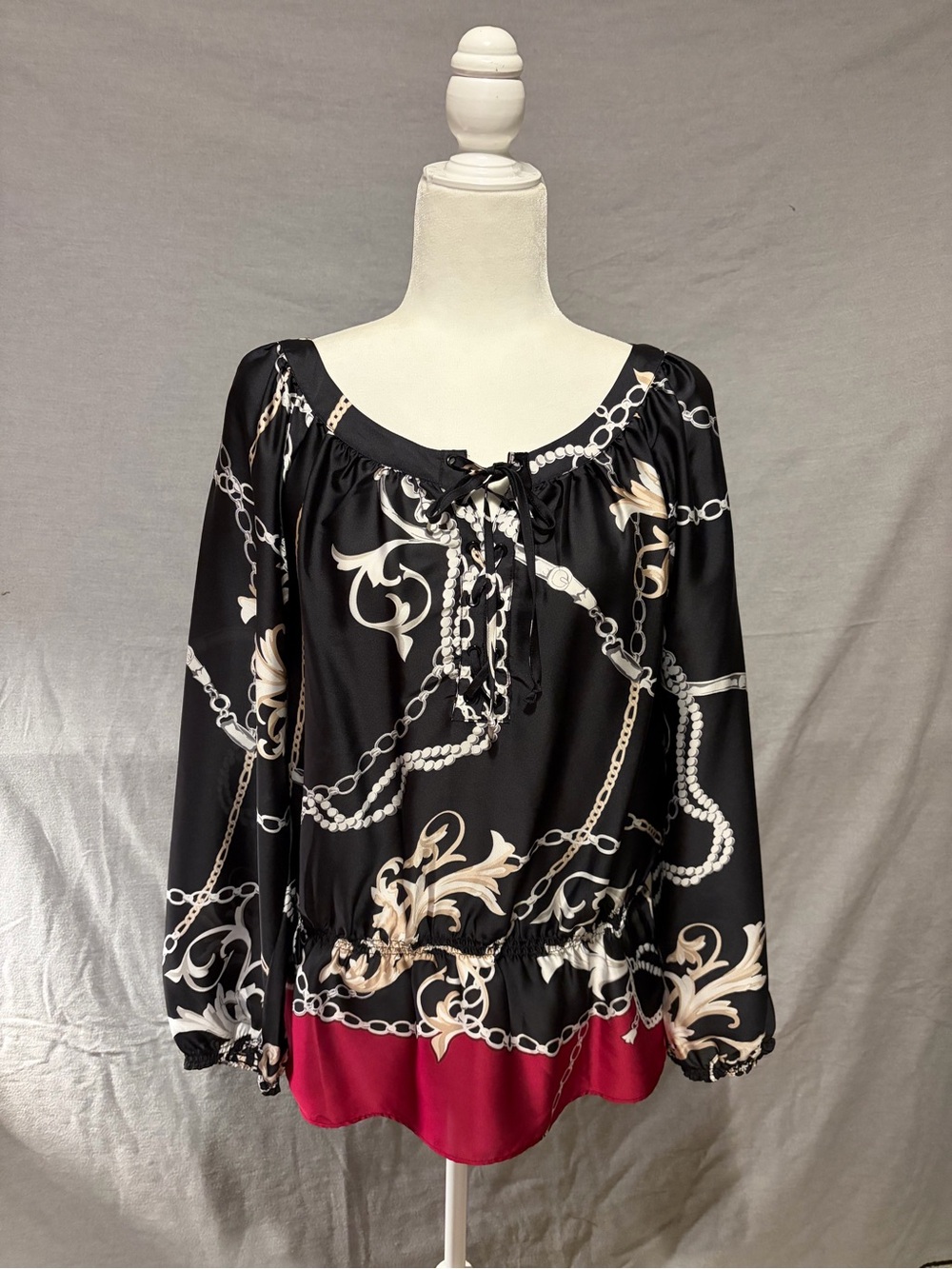 WHBM White House Black Market Womens Black & Burgundy Chain Print Peasant Blouse